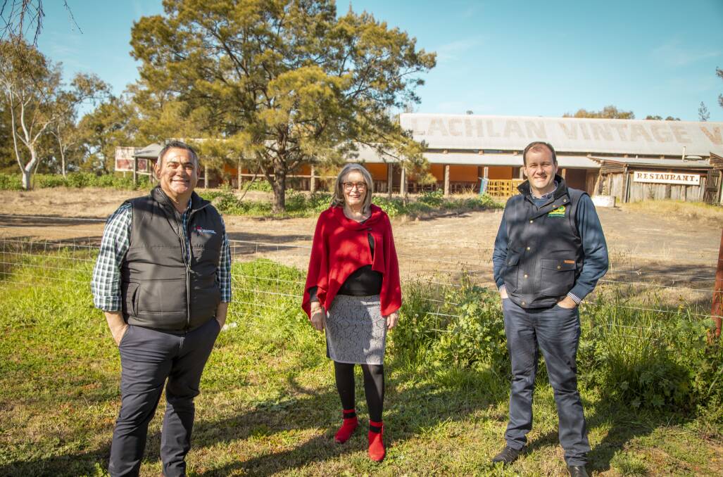 NSW Deputy Premier John Barilaro and Upper House MP Sam Farraway with a delighted Forbes Mayor Phyllis Miller at the former Lachlan Vintage Village.