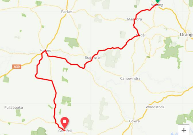 The day 1 route for The Drought Ride cyclists. 