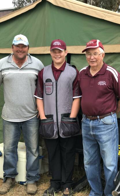 Joe Ellison with his coaches and mentors, dad Luke and pop Digger, both successful competitive clay target shooters. Photo supplied.