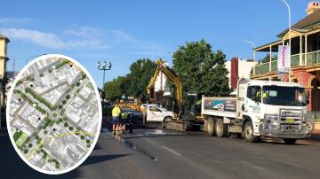 Work in Lachlan STreet this week and (inset) the diagram of increased street trees in the CBD masterplan of 2018. Main picture Forbes Shire Council
