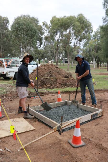 Tim Hazell and Jeremy D'Ombrain from TL Concreting laying the concrete for the base of the sculptures. 