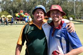 Peter Besgrove and Jharrod Andrews on the Forbes greens contesing the club's big Easter carnival. Picture by Jenny Kingham