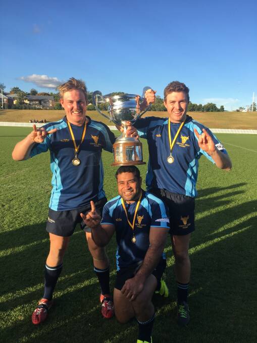 Forbes' Charlie French, Mahe Fangupo and Tom Macleay with the Cup. Photo courtesy of Cate Loneragan.