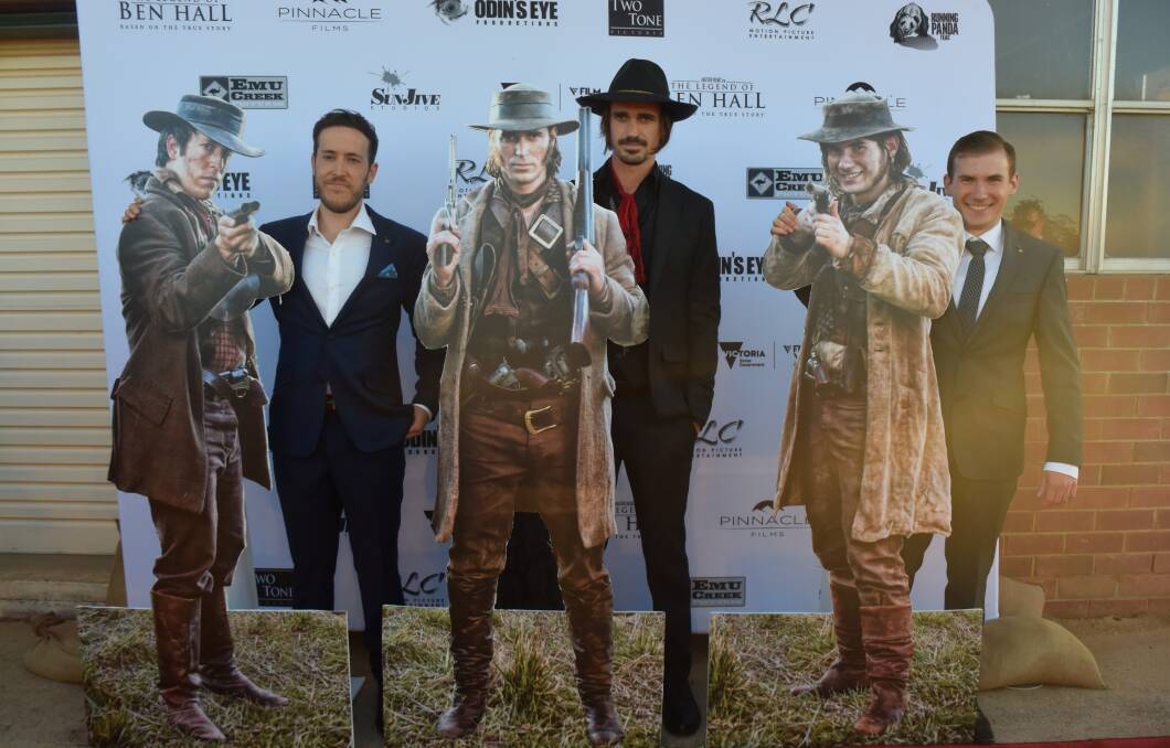 Actors William Lee (John Dunn), Jack Martin (Ben Hall) and Jamie Coff (John Gilbert) at Forbes' premiere of The Legend of Ben Hall in Forbes in 2016.