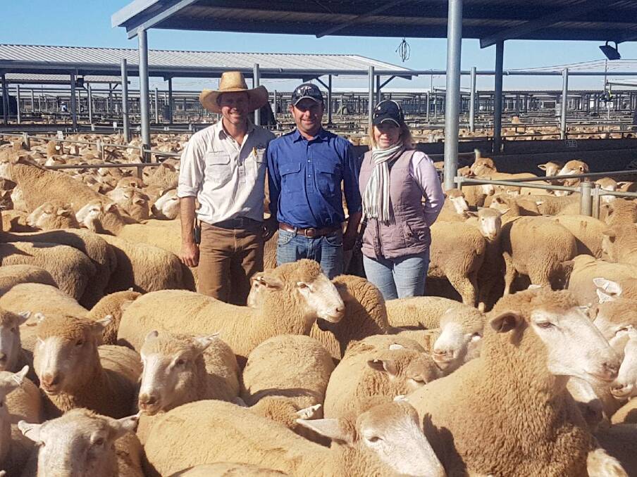 Forbes Livestock auctioneer Randall Grayson with Trundle's Matthew and Joanne Randall and their record-breaking lambs. 