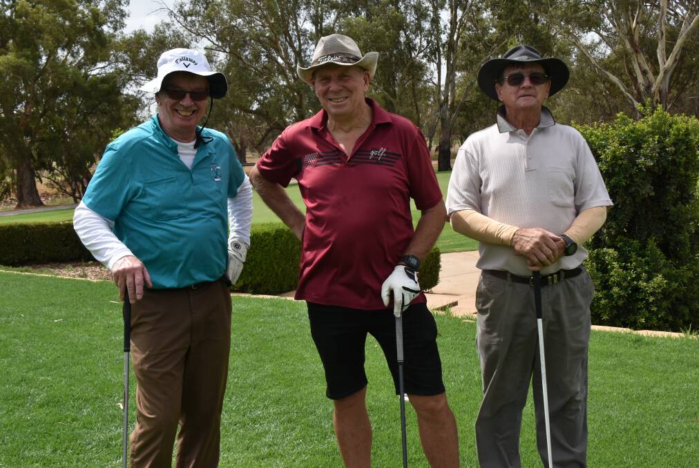 Garry Pymont, Robert Lee and Barry Parker enjoying their round with veteran golfers at Forbes on Thursday.