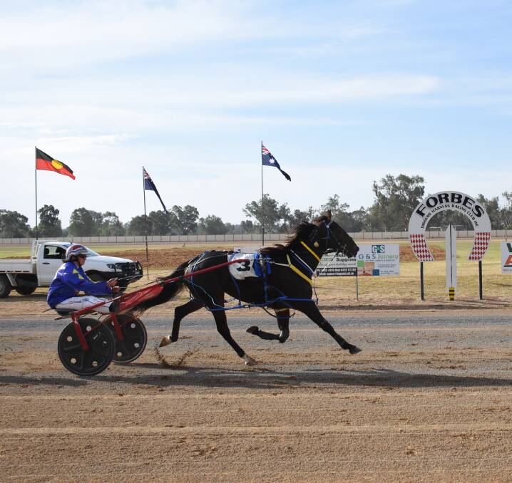 Amanda Turnbull and Our Wall Street Wolf clear of the field as they win the 2018 Diggers Cup at the Forbes Showground paceway.