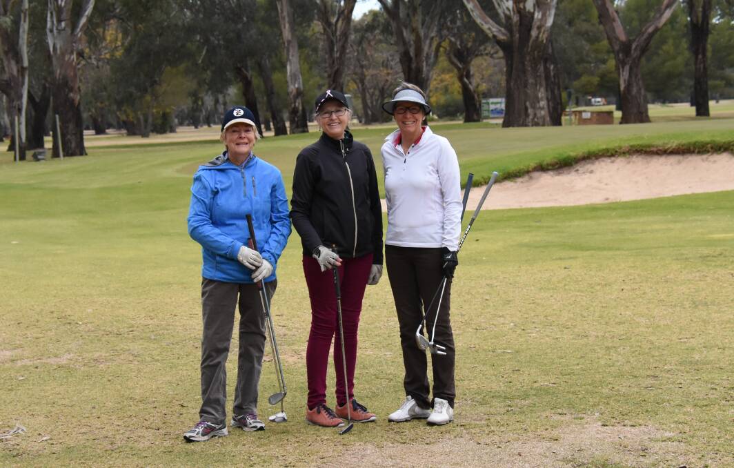 Lovely Ladies: Jean Judge, Kerry Stirling and Ev Uphill were enjoying cool conditions on the golf greens on Wednesday morning. 