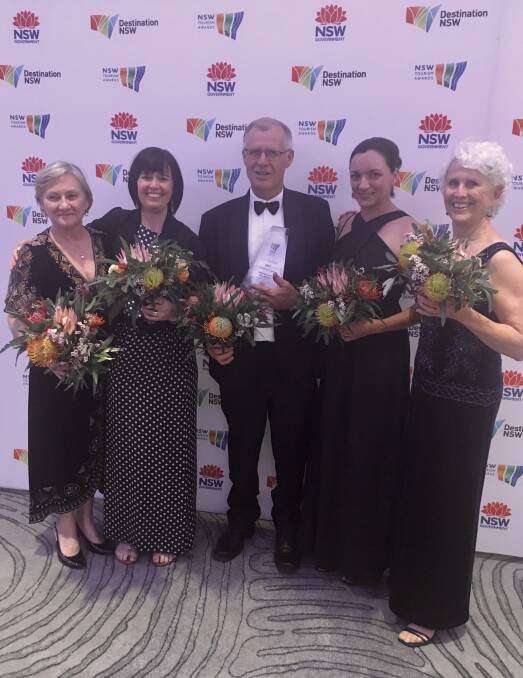 Grazing Committee Members Mandy Tooth, Penny Rout, Kim Muffett, Olivia Turner and Wendy Muffett celebrate the win at the NSW Tourism Awards gala evening held at the Four Seasons Hotel Sydney on Thursday night. Photo supplied.