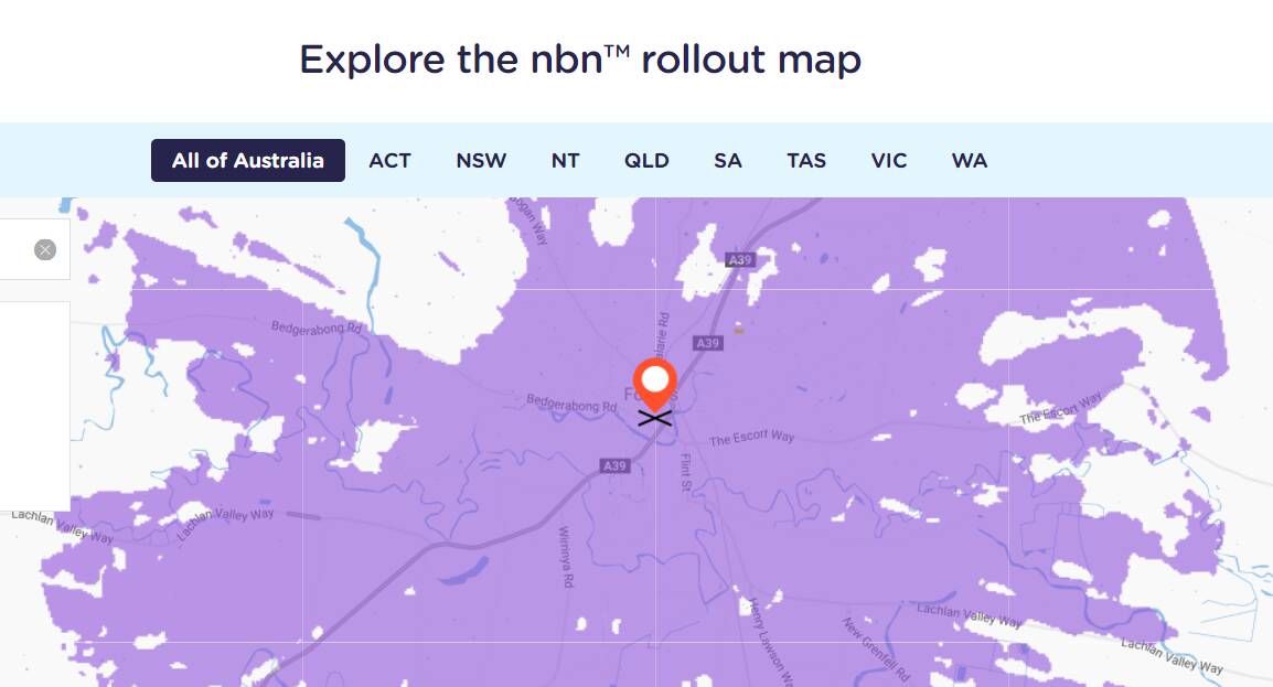 The purple shows the area where the national broadband network is now available.