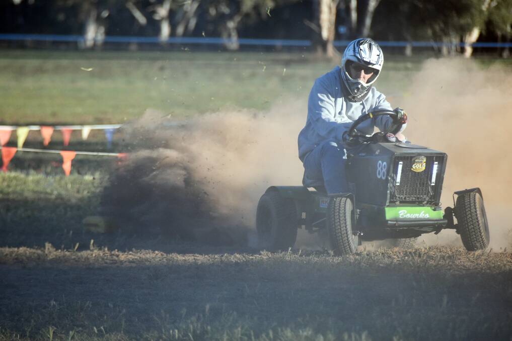 Craig Bourke racing his mower at Bedgerabong Show. The club is now bringing an event to the Forbes Autosport Club track at Daroobalgie.