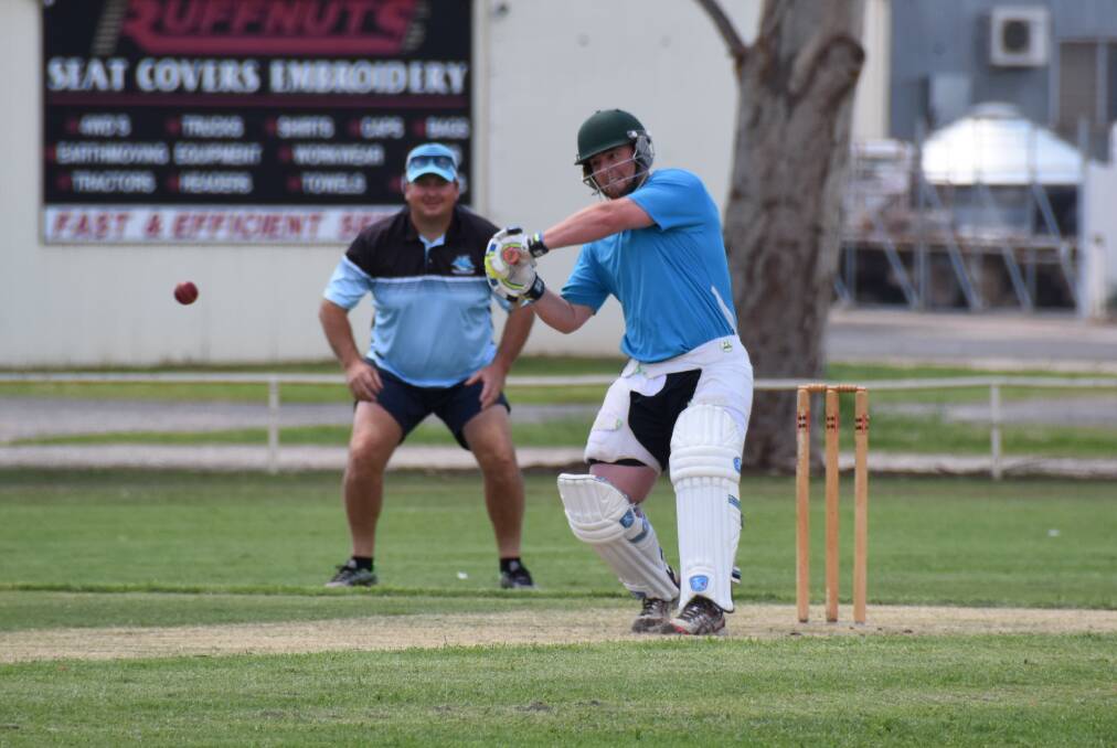 Jamie Hoswell of Home Timber and Hardware lines this one up to go to the boundary. This Saturday the side meets Golfie on South Circle Oval at 1pm. Postie and Tigers play on Grinsted. 