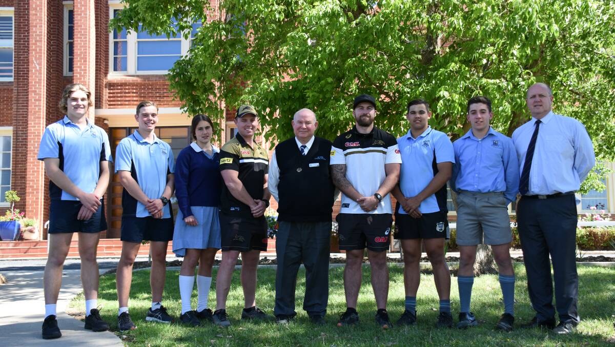 Ben Harden and Sam Jones with Brother Michael (centre), Steve Hooper (right) and students Tom Hopkins, Coopa Martin, Lil Mason, Kyle McClenahan and Campbell Woolnough.