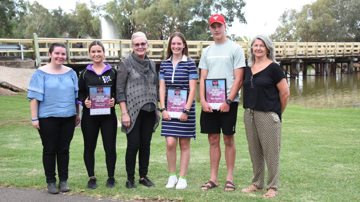 Our 2019 winners - regional youth volunteer of the year and MC Elise Dukes, Emily Jack, Mayor Phyllis Miller, Jamie Mitton, Tom Toohey and Business Chamber president Marg Duggan. 