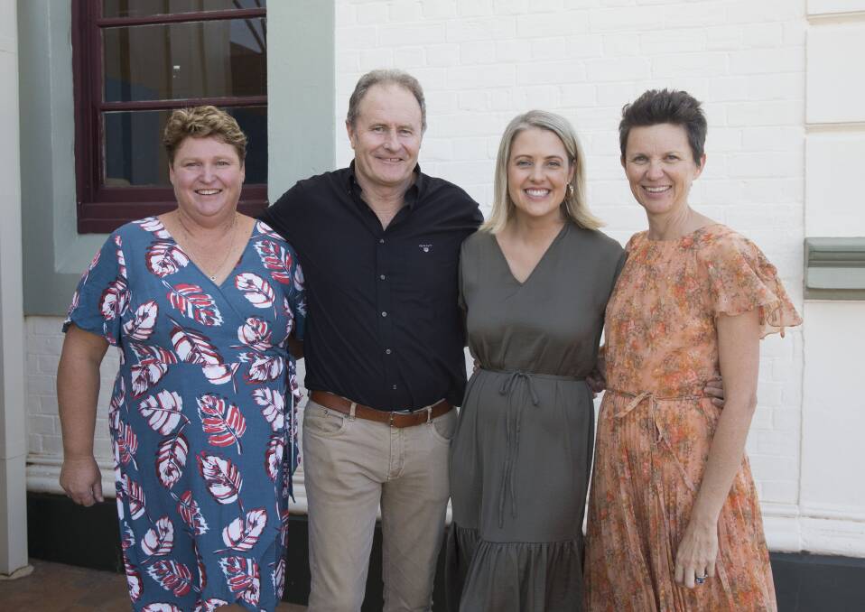 Grease and Oil Change organisers Melissa Brown and Cherie Stitt with guest speakers Craig Hamilton and Georgie Dent at Forbes Town Hall. 