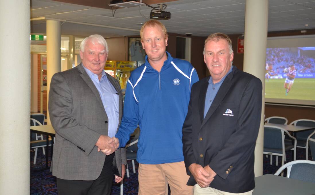 Forbes Mayor Graeme Miller and Golf NSW representative Grant Harding congratulate John Betland on winning the regional qualifier for entry into the Golf NSW Open.