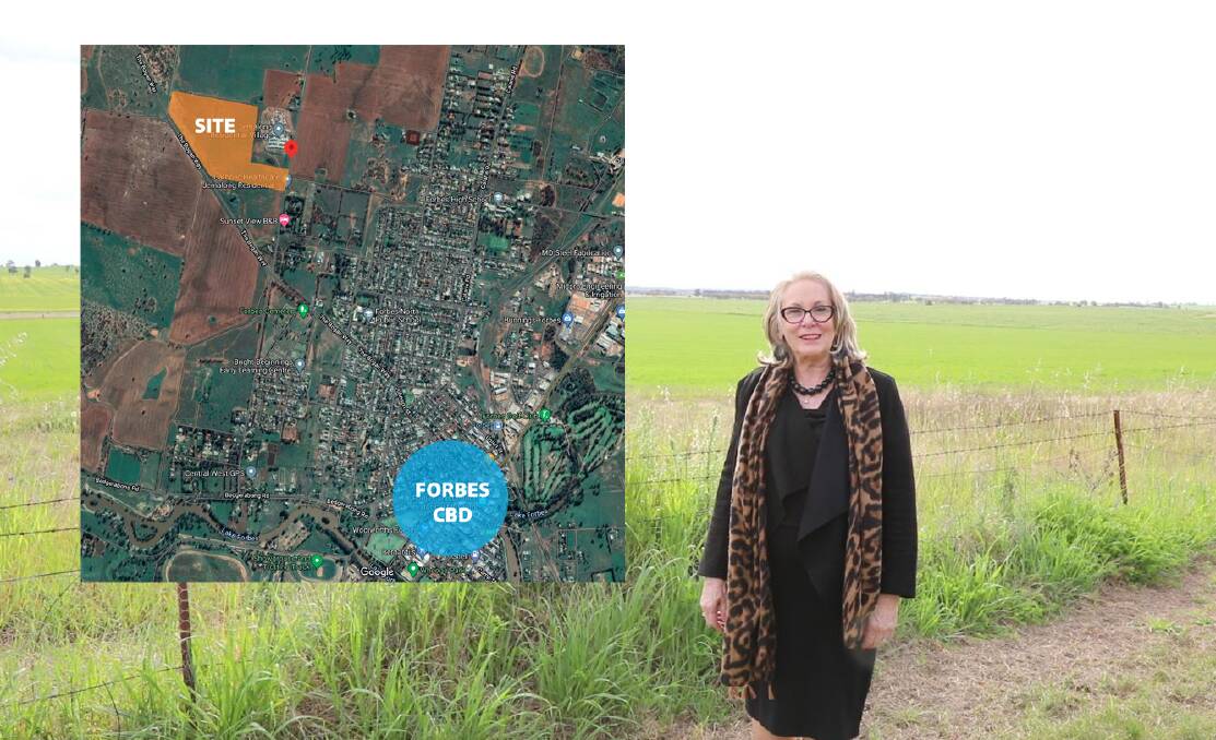 Mayor Phyllis Miller OAM on the site of the planned new estate with a map of the location inset. Images courtesy Forbes Shire Council.