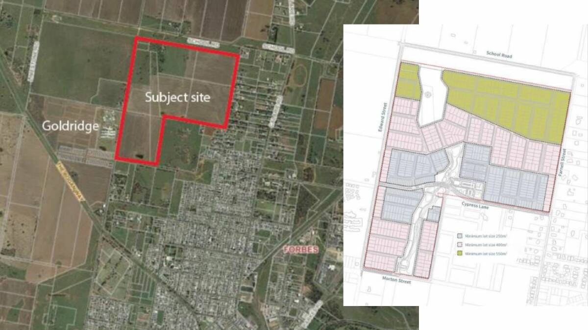 The site in north Forbes and (right) the planned lots with minimum 250 square metres in grey, minimum 400 square metres in pink and 550 in green. Pictures Forbes Shire Council