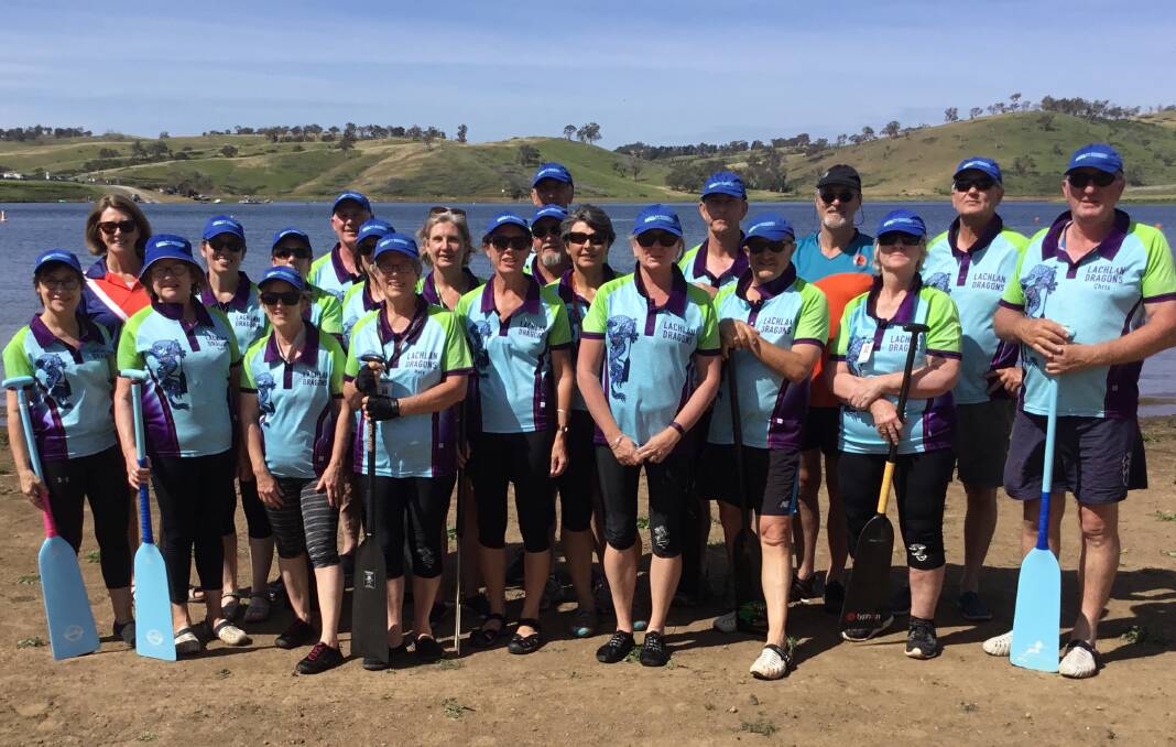 Forbes Dragon Boat Club members at Chifley Dam, Bathurst, for their first competitive regatta of the summer. 