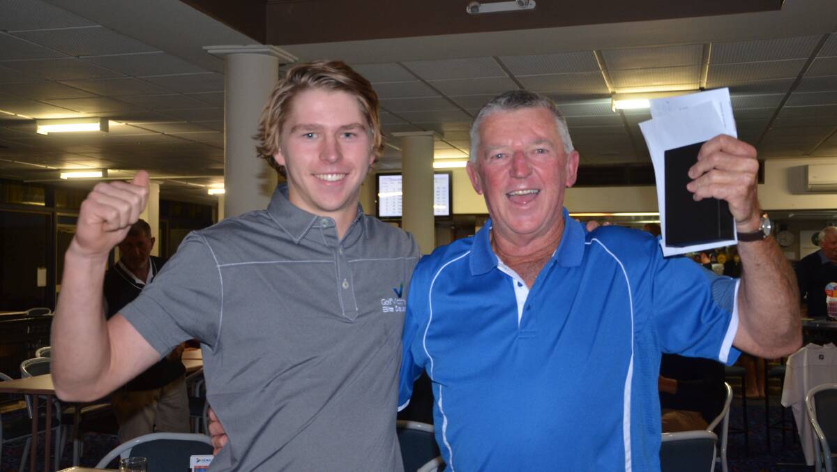 Konrad Cuipek and 'Didget McAuliffe celebrate their wins in the NSW Open Golf qualifiers on Sunday evening.