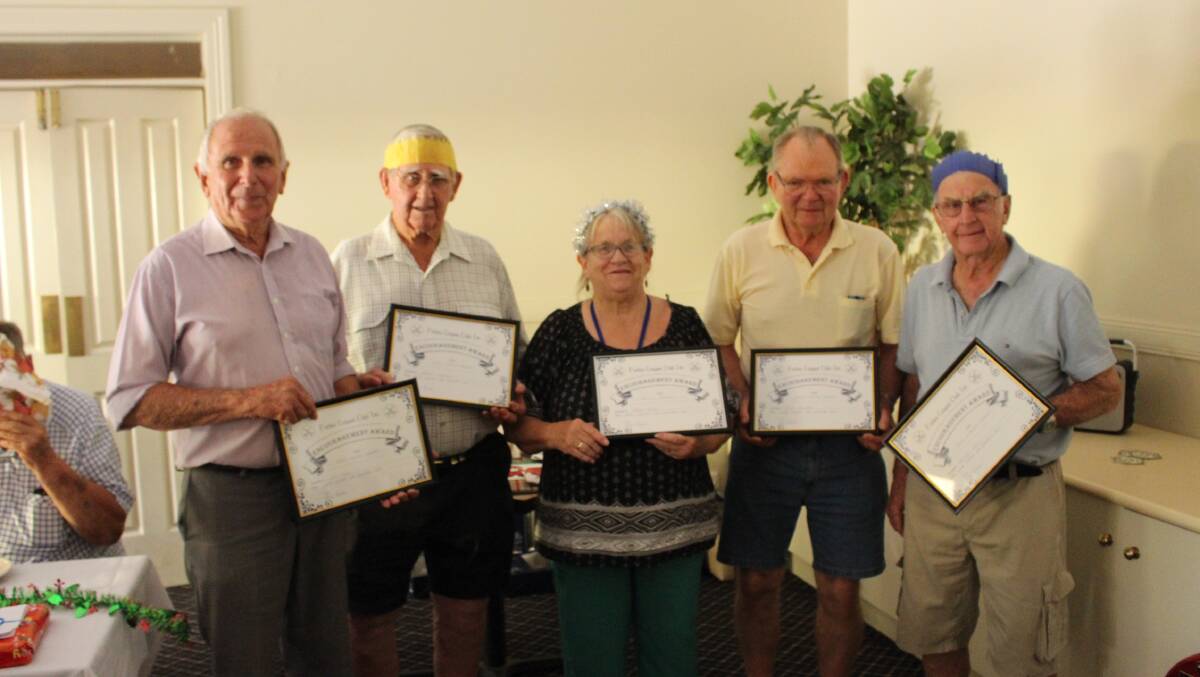 Encouragement awards were presented to John Farah, Merv Langfield, Cheryl Toohey, Ray Burridge and Neville Spry at the croquet club's 2021 Christmas party and presentation. 