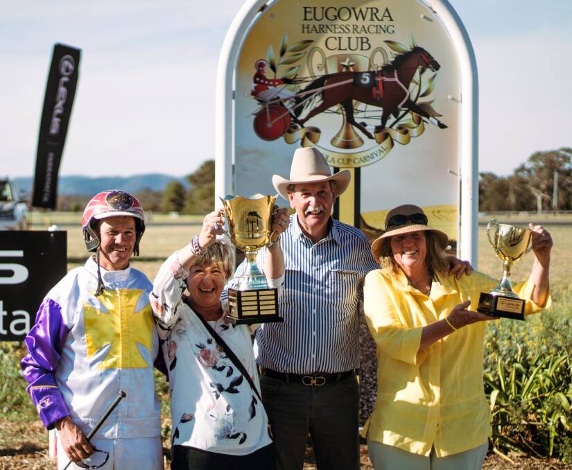 Trainer / driver Bernie and Cath Hewitt and owners Lex and Sally Crosby hold the Canola Cup high. Photo courtesy Aerial Antix, see more at www.facebook.com/aerialantix/
