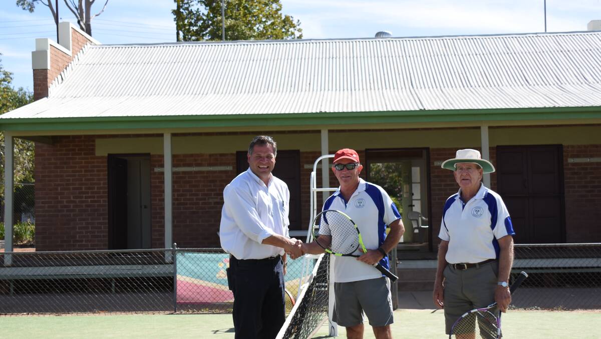 Member for Orange Phil Donato with Forbes District Tennis Club's Peter Clifton and Trevor Drury.