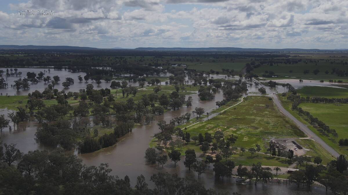 Floodwaters through the ski dam and Bedgerabong Road on October 15, 2022. Picture by Forbes Shire Council
