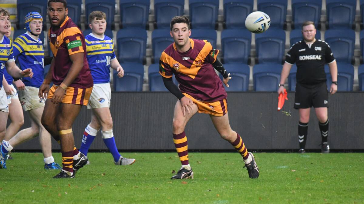 Red Bend Catholic College student Campbell Woolnough playing for Country in England. Photo NSW Rugby League.