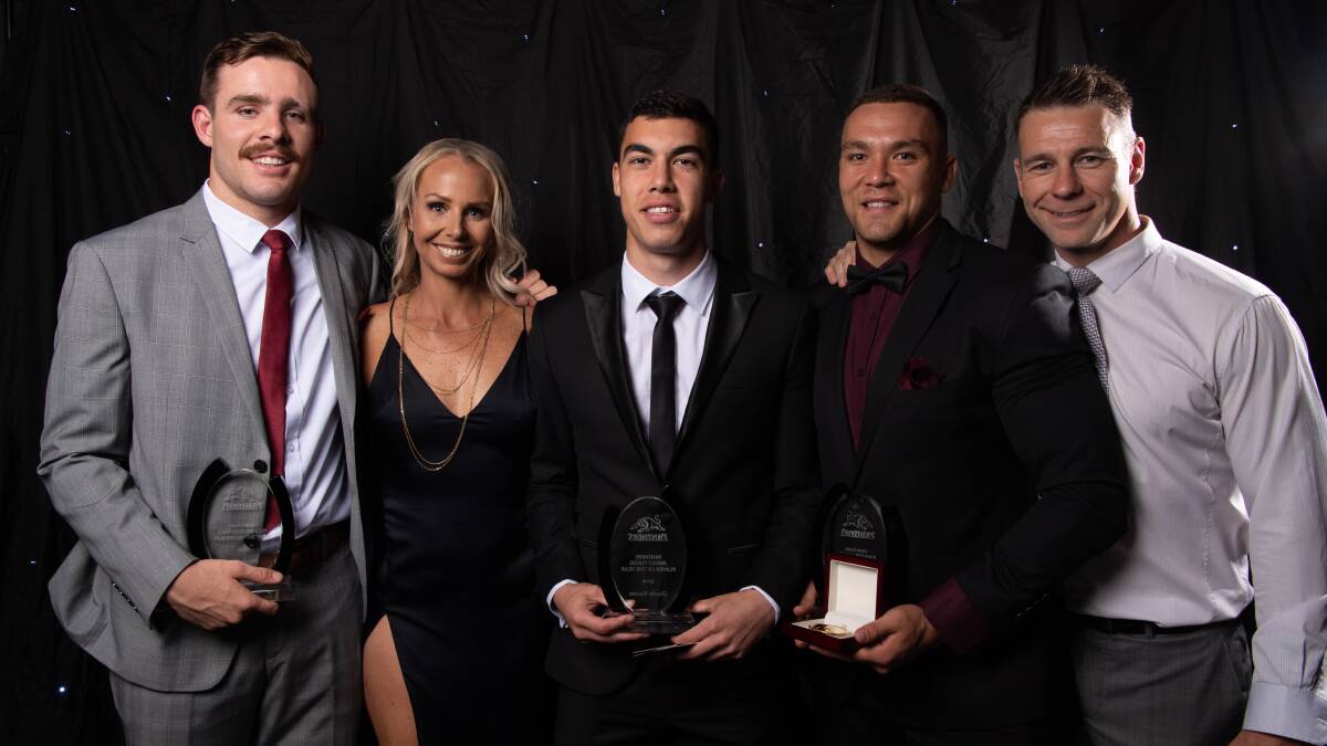 Penrith Panthers Canterbury Cup player of the Year Billy Burns and Jersey Flegg player of the year Charlie Staines with Shane and Alanah Elford, who run Panther House, and James Fisher-Harris.