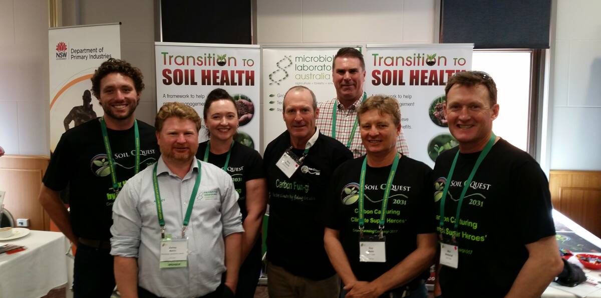 Guest speaker Dr Ash Martin at the 2017 Landcare and LLS Conference with Jack Farthing, Marg Applebee, Mark Shortis, Darren Cribbs, Guy Webb and Mick Wettenhall.