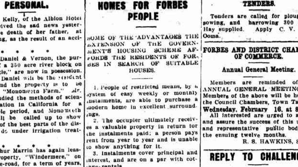 The Advocate on 11 February, 1921, advertising the housing scheme of that era.