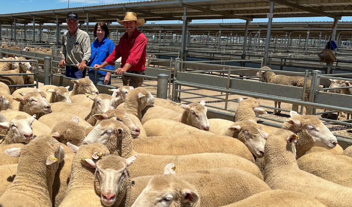 Nigel and Julie Porter, Wilga Downs, Tullamore, and Randal Grayson, Forbes Livestock and Agency Company, with heavy lambs which sold for $310.20/hd. Photo: Supplied