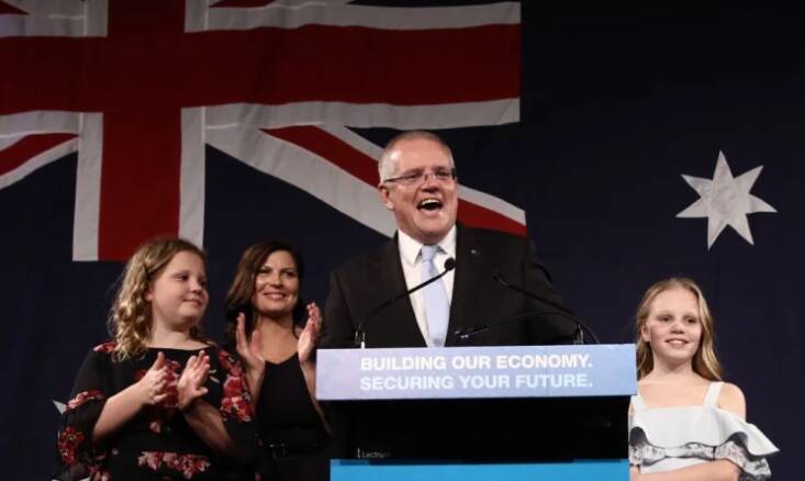MIRACULOUS MORRISON: Prime Minister Scott Morrison speaking on election night after pulling off a surprise victory. Photo: DOMINIC LORRIMER