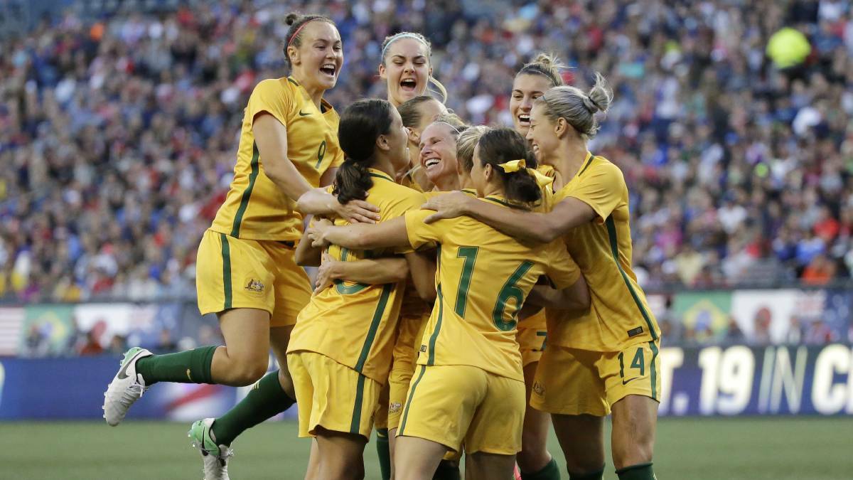 Matildas jump for joy after claiming first Tournament Of Nations title. Picture: AP Photo