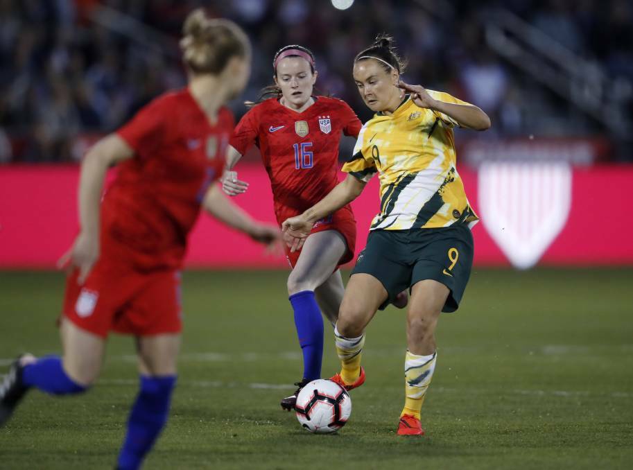  Take me on: Caitlin Foord against the US in April. Picture: AP Photo/David Zalubowski
