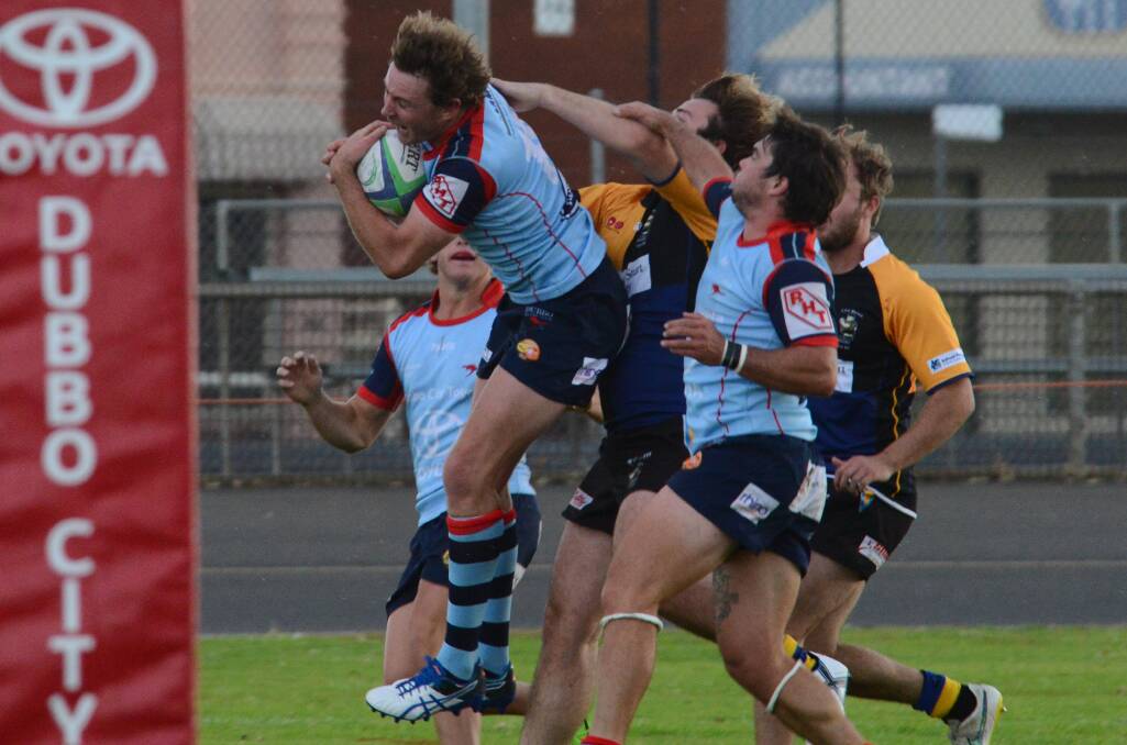 AIRBORNE: Brad Pugh in action for the Dubbo Kangaroos during their home clash against CSU earlier this season.