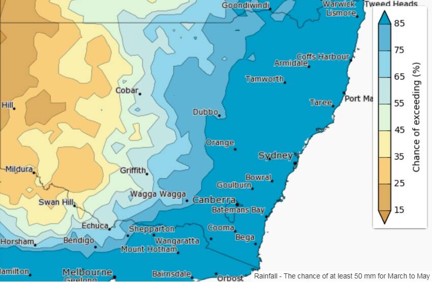 The Bureau's outlook for NSW locations to exceed 50mm of rain during autumn.