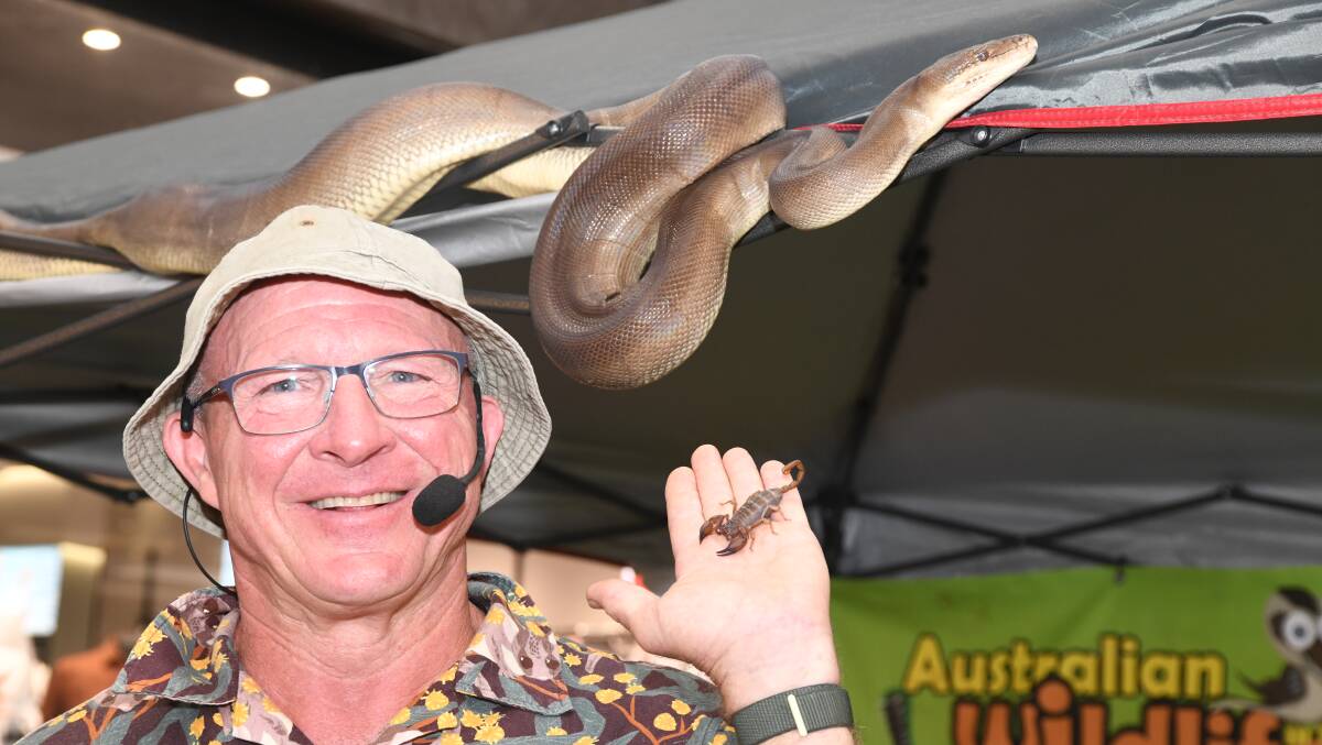 Anthony Stimson with a python and a scorpion during an educational display at Orange City Centre on Saturday. Picture by Jude Keogh 