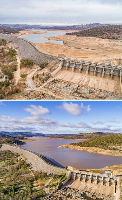 Above - Wyangala Dam pictured on February 6 this year at 8.7 per cent. Below - the dam at 33.3 per cent on Monday, August 10. Photo: Farmpix Photography 