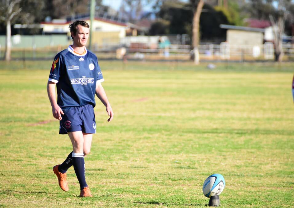 Angus King lines up a conversion for the Platypi in the side's win over Cowra on the weekend.