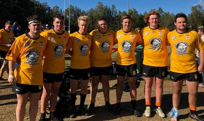 TOUGH DAY AT THE OFFICE: NSW Country colts' Central West stars after a tough day against their City counterparts, (from left) Orange City's Nick Fisher, Orange Emus' Sam Greatbatch, Dubbo Roos' Pat Berryman, Orange City's Hayden Goodall and Hayden Leopold, CSU Bathurst's Lachie Buckton and Dubbo Roos' Josh Jasprizza. Photo: CENTRAL WEST RUGBY