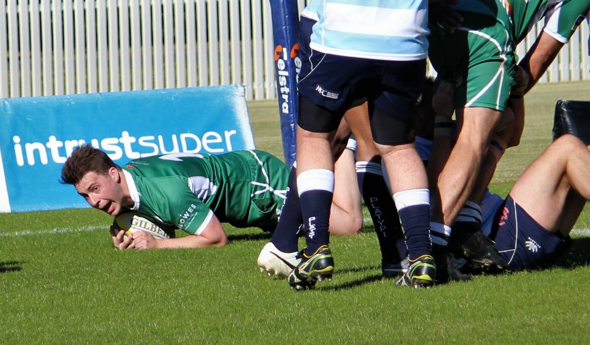 MEAT PIE: Emus winger Harry Cummins scores against Forbes at Wade Park way back in round four, his only try of the year so far. Photo: DON MOOR