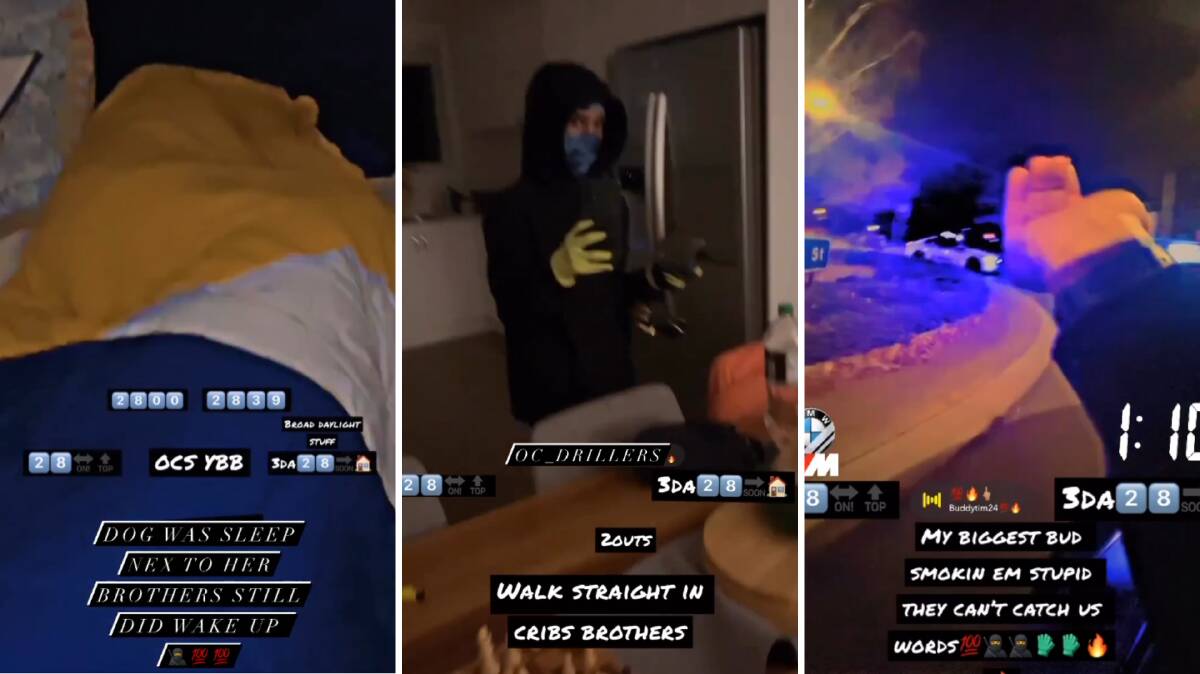 Screenshots from three different videos where criminals have filmed themselves in victim's homes and during a police chase. Pictures Instagram