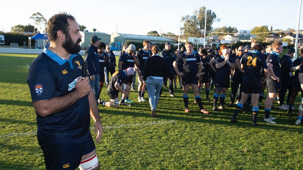 GAME FOR THE AGES: Central West skipper Peter Fitzsimmons makes his post-game speech. Photo: NSW COUNTRY RUGBY UNION