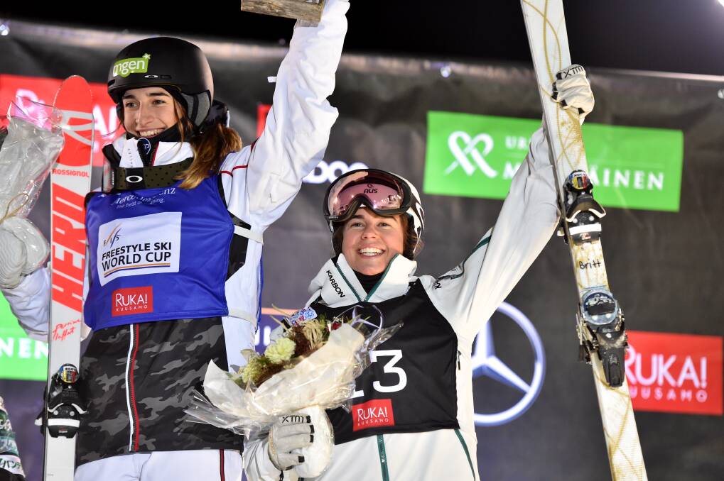 PODIUM PERFORMANCE: Mount Beauty's Britt Cox celebrates after claiming bronze in the World Cup opener in Finland. Picture: CHRIS HOCKING