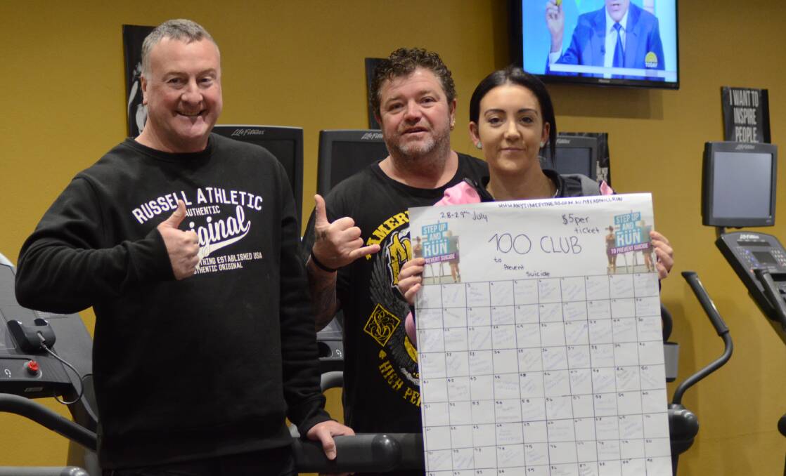 YOU CAN STILL DONATE: Michael Ryan, Rick Radburn and Anytime Fitness Forbes Manager Amy Townsend encourage locals to contribute to the 100 Club to raise funds for suicide prevention. 