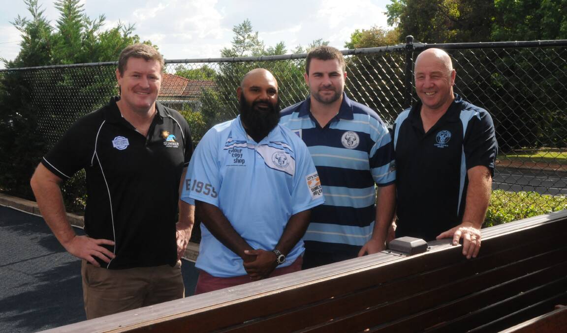 FRESH FACES: South Dubbo Tavern's Lee Green with new Raiders signing Bobby Gordon, coach Dylan Hill and president Ross McDermott. Photo: NICK GUTHRIE