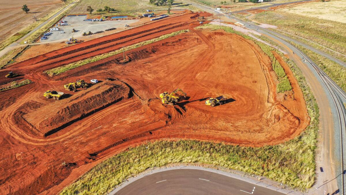 PROGRESS: Photo showing construction on a detention basin located near the North West Link Rail Line and Brolgan Road, facing south. Photo: FULTON HOGAN.