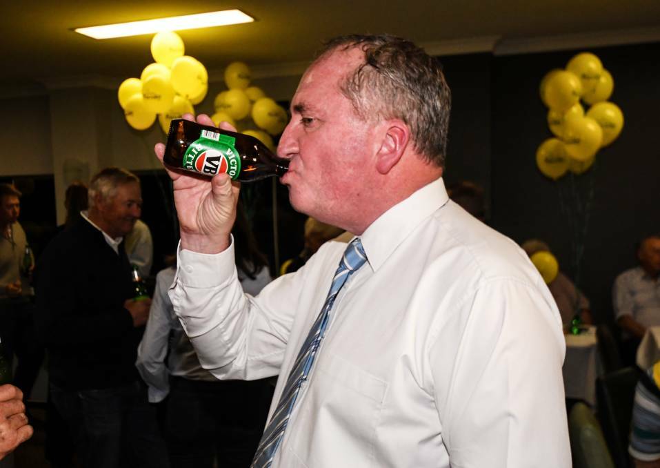 CELEBRATION: Member for New England Barnaby Joyce after declaring victory in the federal election for a third term. Photo: Gareth Gardner 